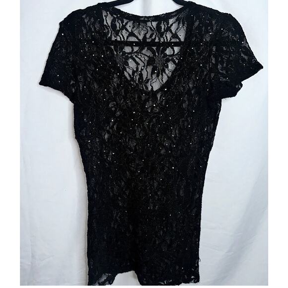 BKE Womens Size Large Black Lace Brown Sequin Short Sleeve Shirt - Picture 5 of 7